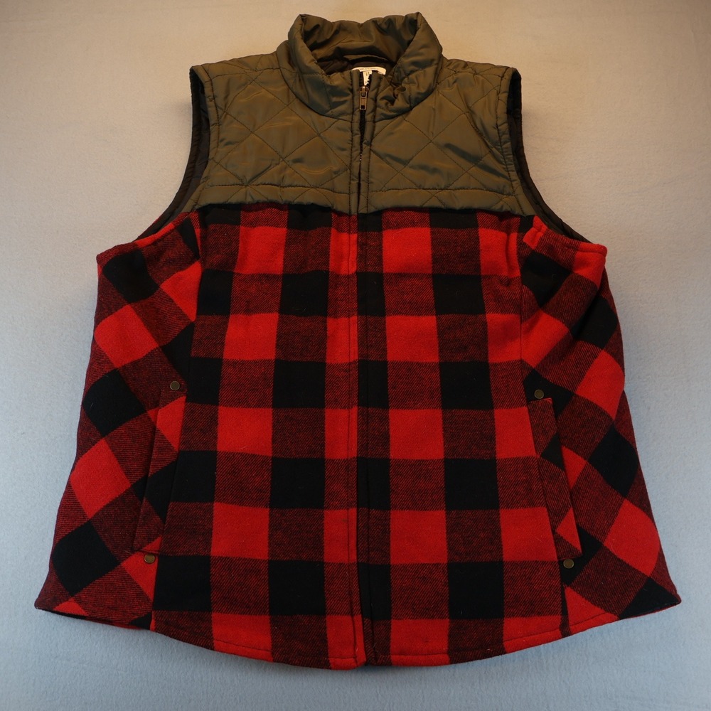 Maurices Womens XXL Buffalo Plaid Quilted Yoke Full Zip Vest Red Black Olive